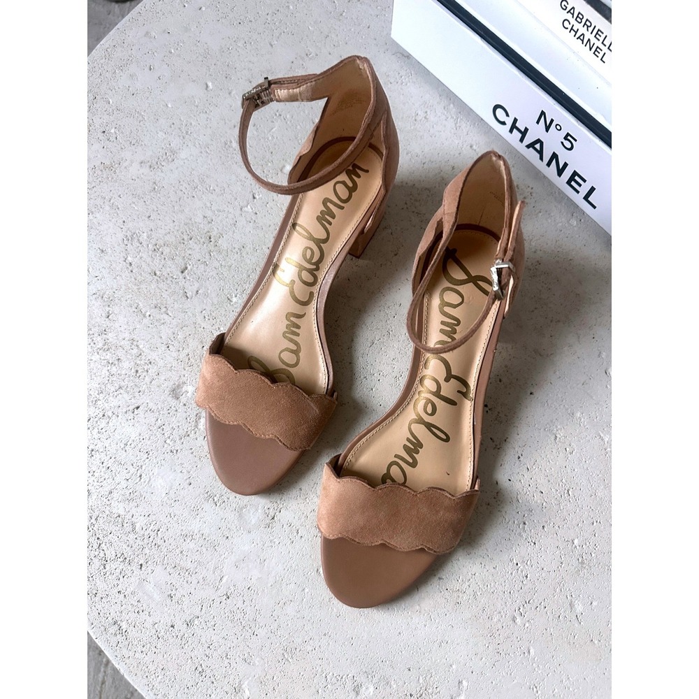 Sam Edelman Inara Scalloped Edge Suede Block Heel Sandals Tan Nude Boho 7.5 M - Picture 6 of 10